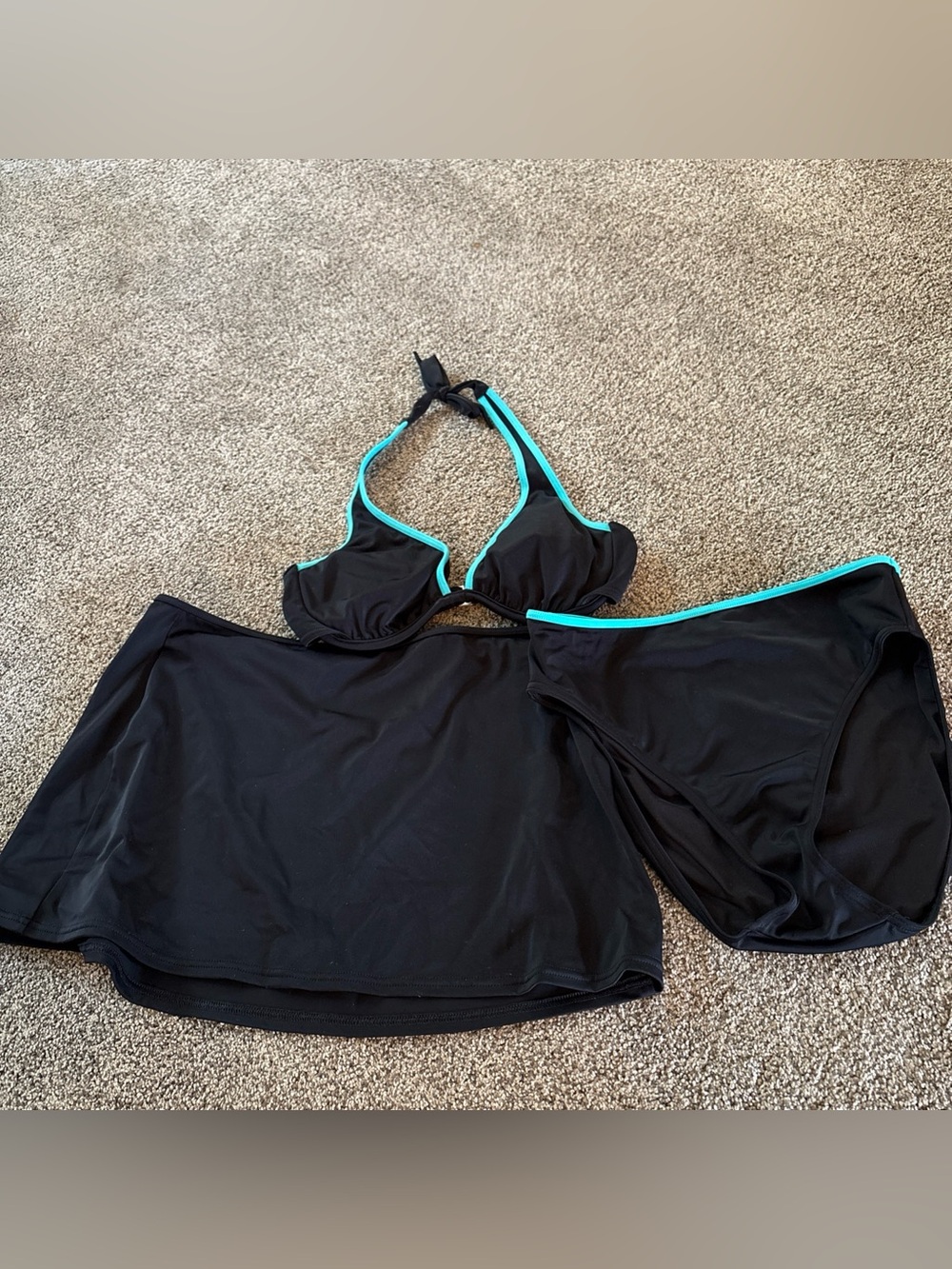 VTG Victoria’s Secret 3 Piece Bikini Set Black Turquoise Trim Suit & Skirt